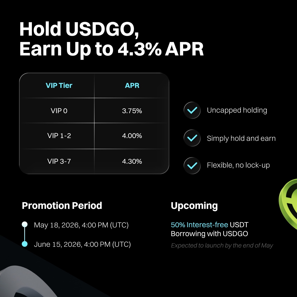 Bitget Lan&ccedil;a Rendimento de Stablecoins de N&iacute;vel Institucional para Todos os Usu&aacute;rios com USDGO, com at&eacute; 4,3% ao Ano
