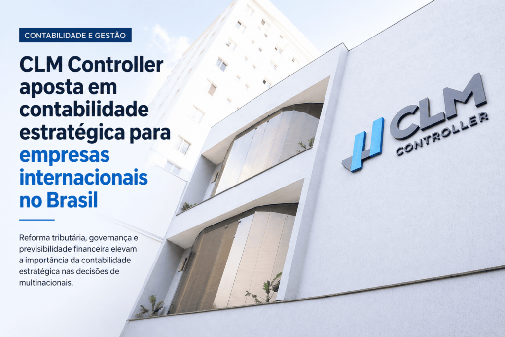 Fachada da CLM Controller com identidade visual da empresa e destaque para a atuação em contabilidade estratégica, governança e suporte a empresas internacionais no Brasil.
